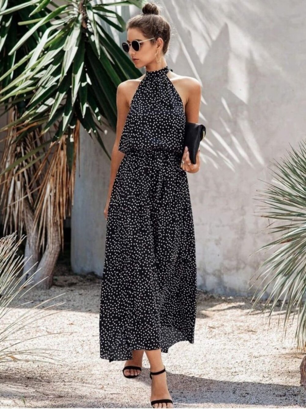 Polka Dot Halter Tiered Sleeveless Maxi Dress Large Lined Belt Elastic Waist